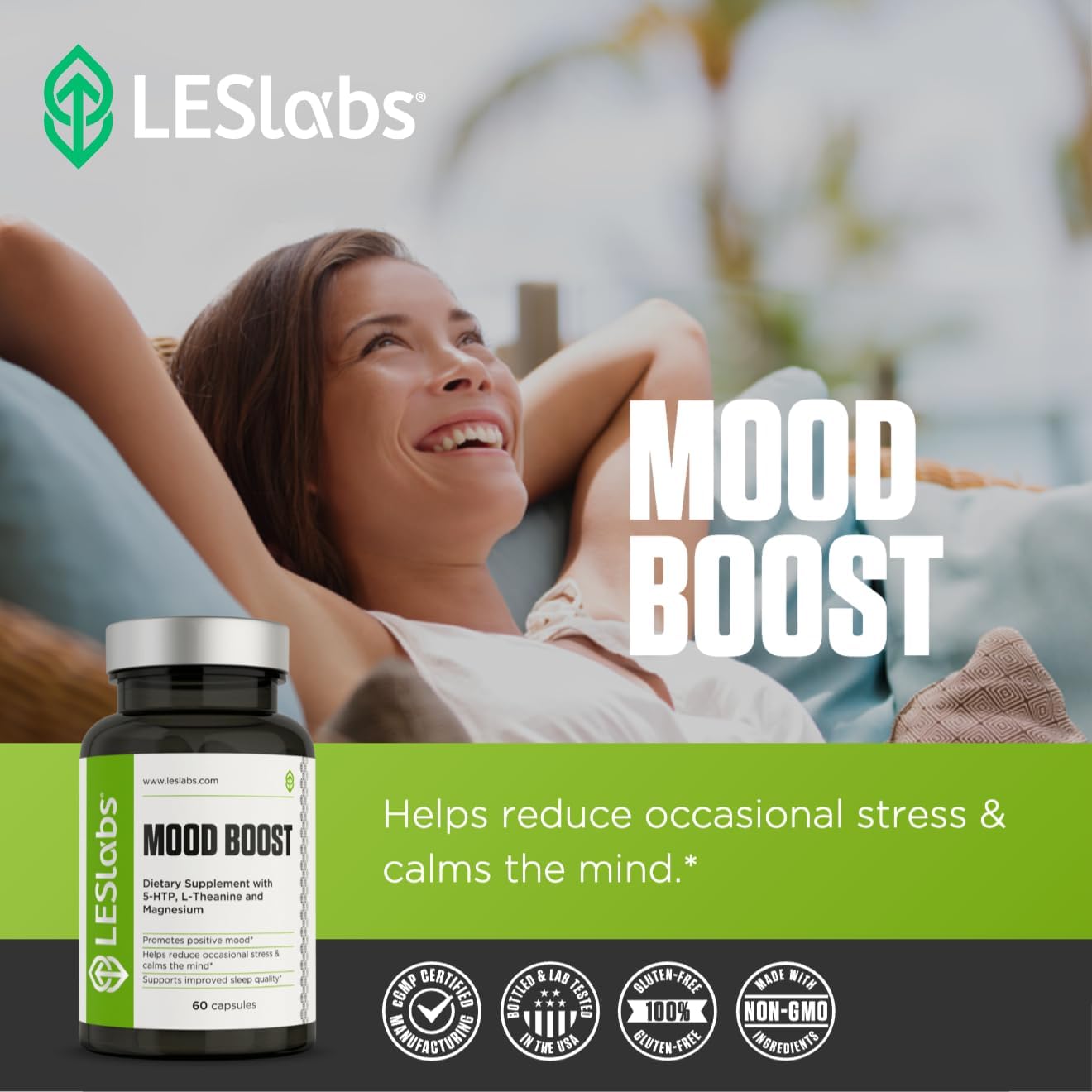 LES Labs Mood Boost – Stress Relief, Mood Support, Deep Relaxation & Better Sleep – 5-HTP, Ashwagandha, Rhodiola Rosea, Magnesium, L-Theanine & GABA – Non-GMO Supplement – 60 Capsules : Health & Household