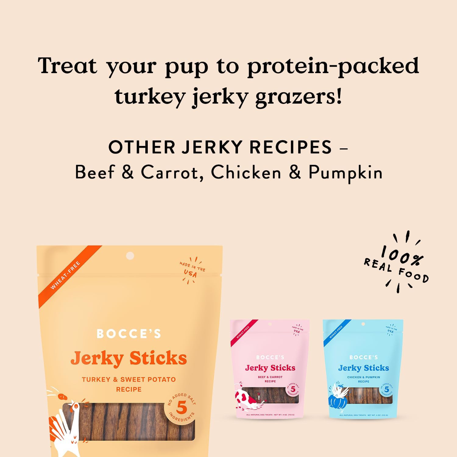 Bocce's Bakery Jerky Stick Dog Treats, Wheat-Free, Made with Limited-Ingredients, Baked in The USA with No Added Salt or Sugar, All-Naural & High-Protein, Turkey & Sweet Potato, 4 oz : Pet Supplies