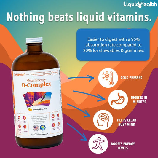 Liquidhealth Mega Energy Methylated B-Complex, Adult Liquid Vitamin Supplement - Increase Energy, Relieve Stress & Fatigue, Immune System Support, Heart & Gut Health - Vegan, Sugar-Free (32 Oz)