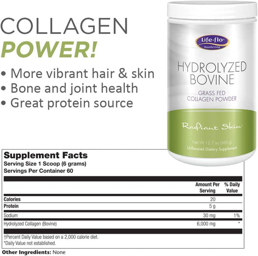 Life-Flo Hydrolyzed Bovine Collagen, Grass Fed | Supports Vibrant Skin & Hair, Bone & Joint Health | 12.7Oz, 60 Serv