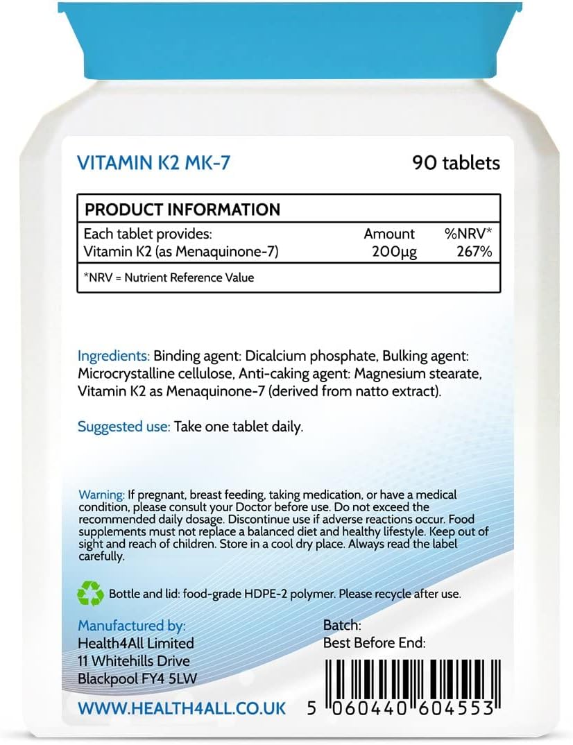 Health4All Natural Vitamin K2 MK7 200mcg from Natto, 90 Tablets 3 Months Supply, All-Trans MK-7 from Natto Beans Fermentation, High Strength VIT K2 Vitamin Supplement, Vegan Menaquinone | Made in UK : Amazon.co.uk: Health & Personal Care