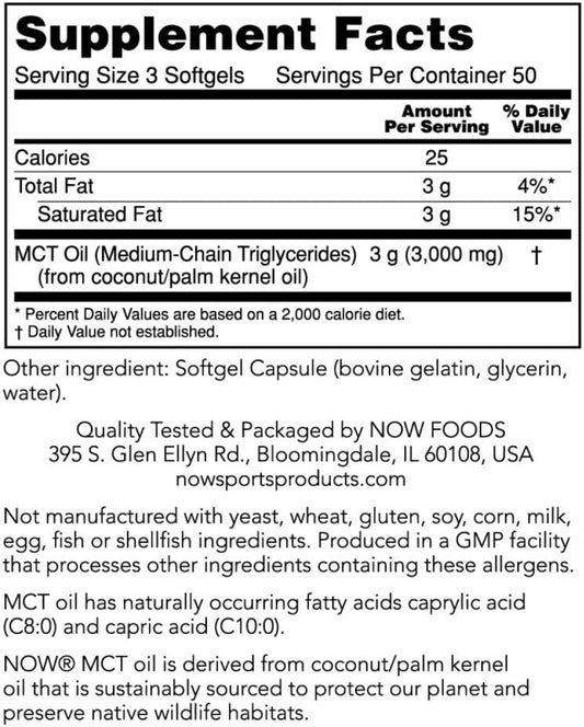 Now Foods Sports Nutrition, Mct (Medium-Chain Triglycerides) Oil 1,000 Mg, Weight Management, 150 Softgels