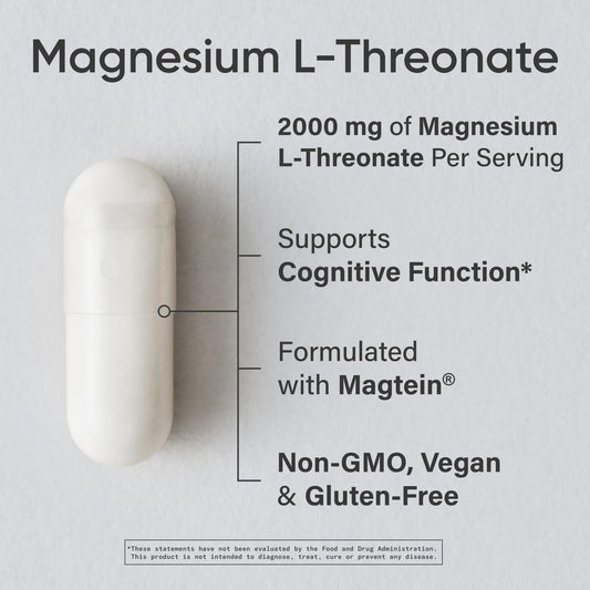 Sports Research Magtein Magnesium L-Threonate Capsules - Magnesium Supplement For Memory, Focus & Cognition - Magnesium L Threonate Supports Brain Health, Sleep & Mood - 2000Mg