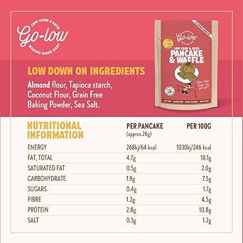 Go-Low Keto Pancake & Waffle Mix 1.9G Carbs, Sugar-Free, Low-Carb & Diabetic-Friendly, Almond Flour, Gluten Free, Vegan & Paleo. No Additives, Wholefood Ingredients. Easy, Fluffy Pancakes & Waffles
