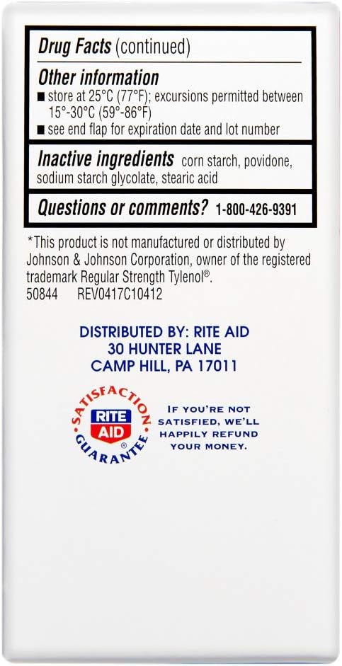 Rite Aid Regular Strength Pain Relief Acetaminophen, 325mg - 100 Tablets | Pain Reliever and Fever Reducer | Joint Pain Relief | Muscle Pain Relief | Arthritis Pain Relief | Back Pain Relief Products : Health & Household