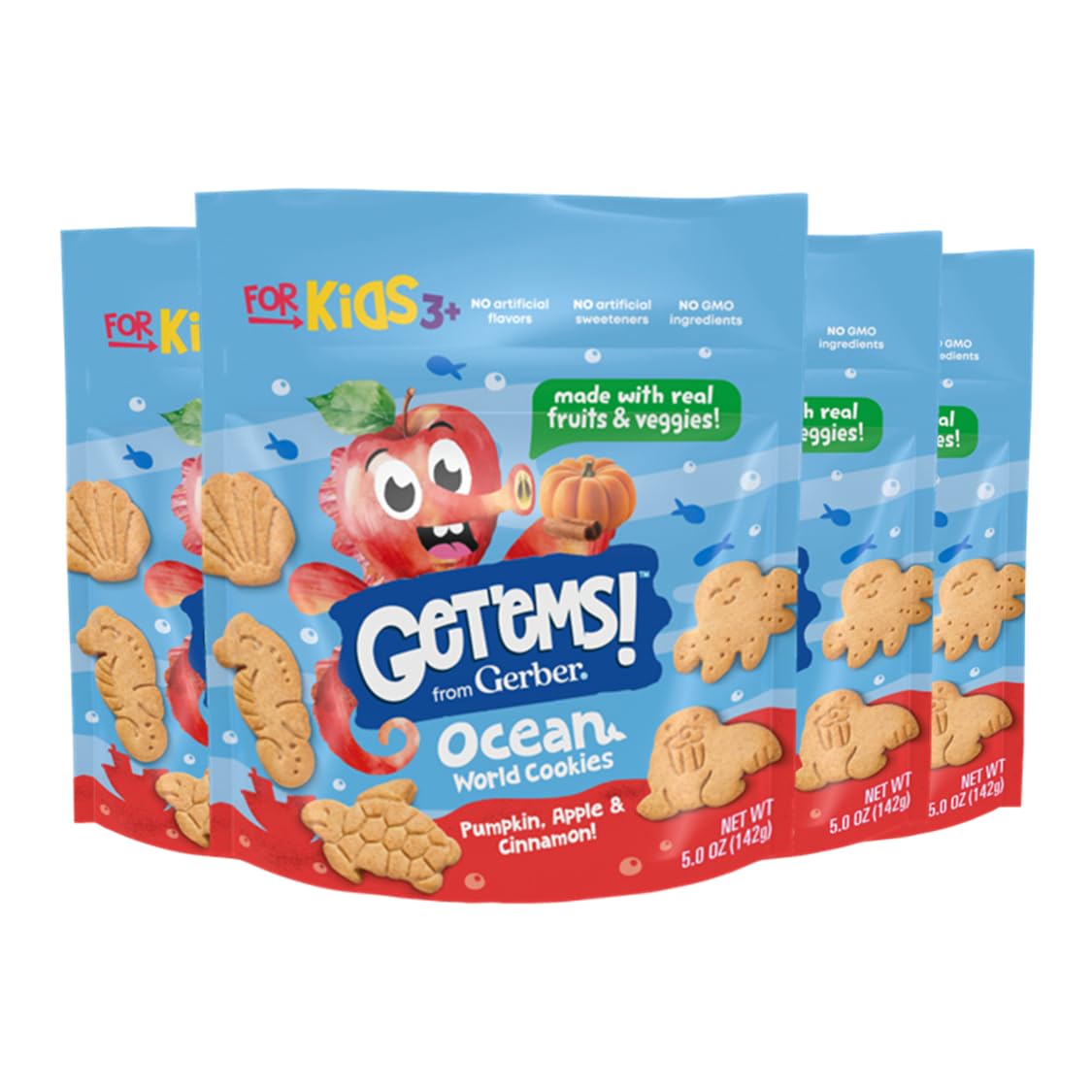 Get'Ems! From Gerber Pumpkin, Apple & Cinnamon Ocean World Cookies, Kids Snack Made With Real Veggies & Fruits, Iron & Vitamin E - 4 Pack