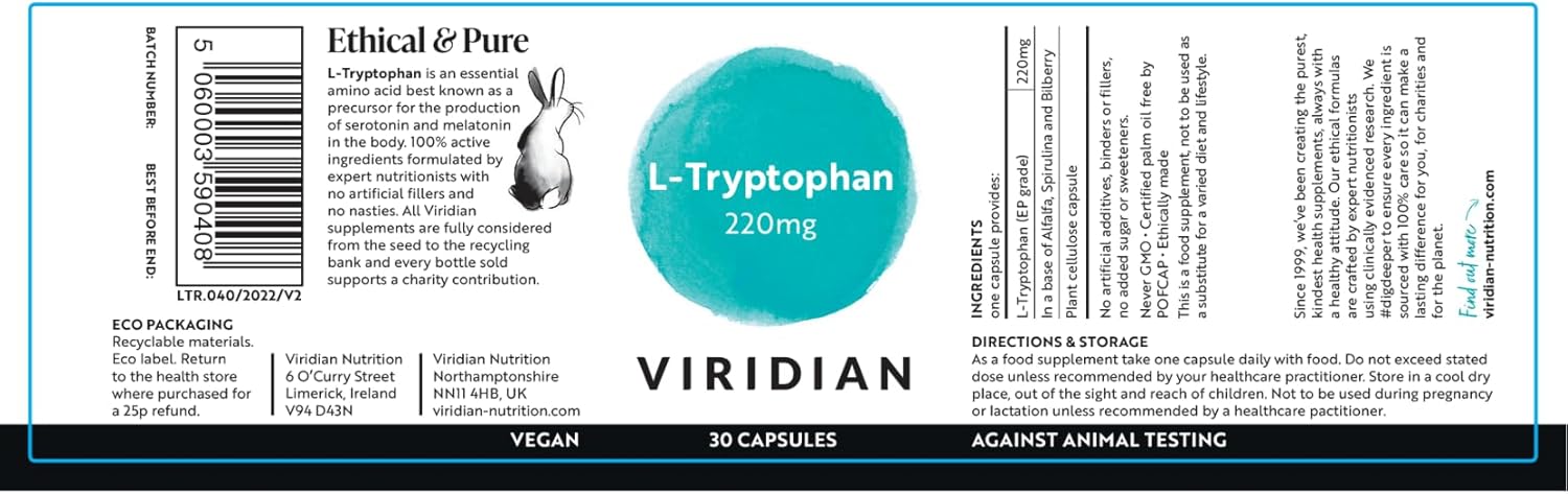 Viridian - L-Tryptophan 220Mg - 90 Caps | Supports Mood & Sleep | Serotonin & Melatonin Precursor | Fast Absorbing Free-Form Amino Acid | Vegan & Kosher | Nutritionist Formulated