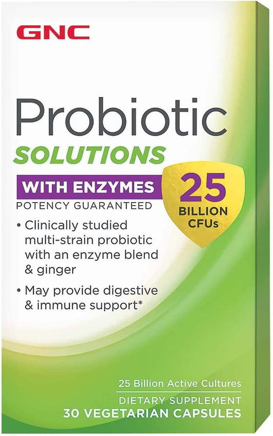Gnc Probiotic Solutions With Enzymes With 25 Billion Cfus, 30 Capsules, Daily Probiotic Support