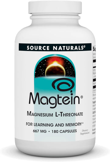 Source Naturals Magtein Magnesium L-Threonate, 667Mg, Supports Focus, Mood, Healthy Memory, Cognitive Function - 180 Capsules