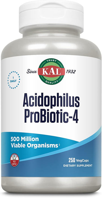 Kal Acidophilus Probiotic-4, 500 Million Cfus, Four Probiotic Strains, Probiotics For Women And Men, Freeze Dried, L. Acidophilus, L. Bulgaricus, S. Thermophilus, B. Bifidum, 250 Servings, 250 Vegcaps