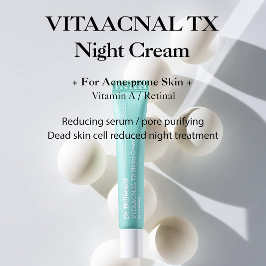 Dr. Different Vitaacnal Tx Night Cream For Face - Soothing & Nourishing Retinal Sebum Control Night Cream For Acne-Prone Skin - Blackheads Care Oil-Free Treatment Removes Dead Skin Cells 0.7Oz
