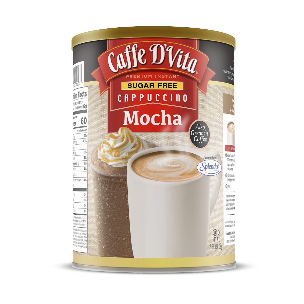 Caffe D’Vita Sugar Free Mocha Cappuccino Mix - Sugar Free Mocha Mix, Gluten Free, No Cholesterol, No Trans Fat, 99% Caffeine Free - 2 Lb. (32 Oz.) Can