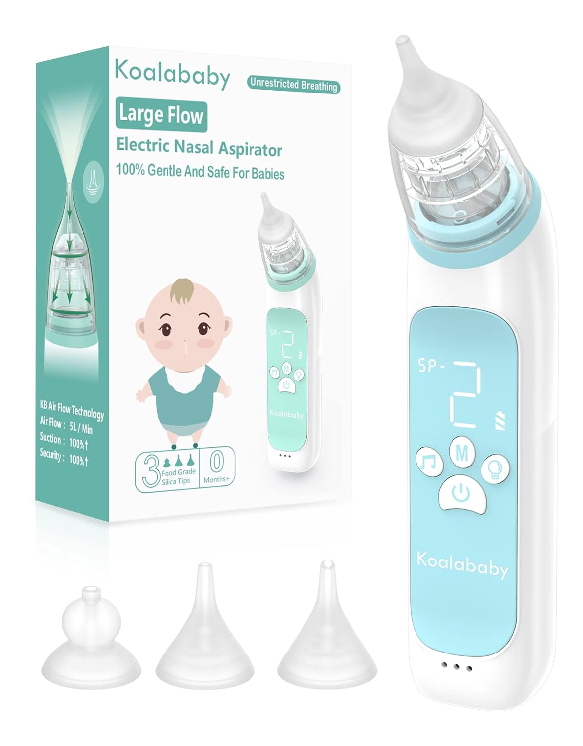 Newest Large Flow Electric Nasal Aspirator, Baby Nose Sucker, Nose Cleaner for Toddlers with 3 Silicone Tips, 3 Suction Levels, Music & Light Soothing Function, Blue