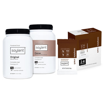 Soylent Meal Replacement Powder And Squared Bundle - 15.8 Oz Cacao Powder, 15.8 Oz Original Powder And 24 Chocolate Brownie Mini Snack Bars