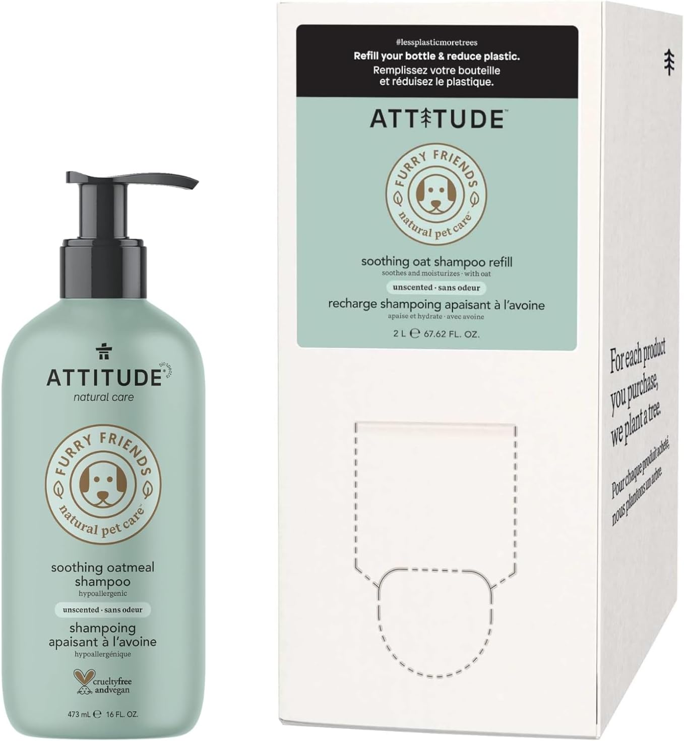 Bundle Of Attitude Soothing Oatmeal Shampoo For Cats & Dogs, Vegan And Cruelty-Free, Unscented, 16 Fl Oz + Bulk Refill, 67.62 Fl Oz