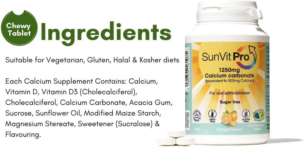 SunVit-D3 Vitamin D3 400IU with Added 500mg Calcium Lemon Tablets - Calcium and Vitamin D Tablets Support The Maintenance of Bone, Teeth, Muscle & Immune System - 60 Lemon Chewable Calcium Tablets : Amazon.co.uk: Health & Personal Care
