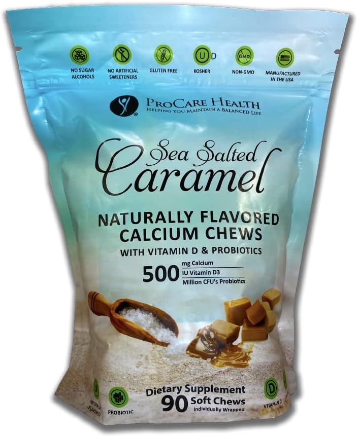 ProCare Health | TruCal Calcium Soft Chew | Sea Salted Caramel | 500mg Calcium | 500 IU Vitamin D3 | 500 Million CFU's Probiotic | 90 Count