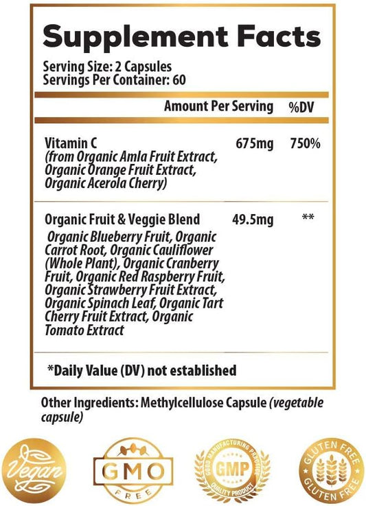 Ideal Infusion Raw Whole Food Vitamin C Complex: 100% Plant Based Vitamin C Made with Oranges and Food Based Bioflavanoids (60 Servings) No Synthetic Ascorbic Acid, Vegan