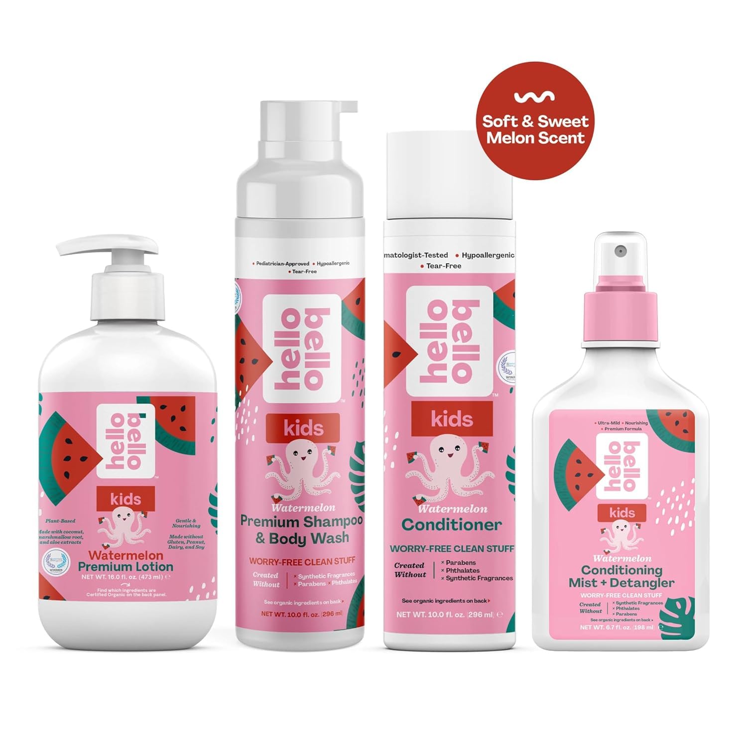 Hello Bello Kids Conditioning Mist & Detangler, Watermelon - 6.7oz + Shampoo & Body Wash, 10 FL Oz + Conditioner, 10 Fl Oz - Hypoallergenic, pH-Balanced & Dermatologist-Tested