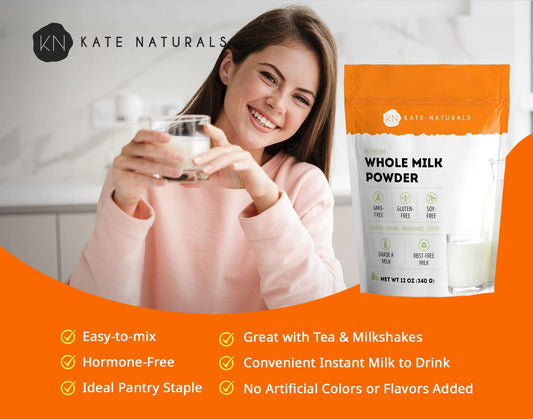 Kate Naturals Dry Whole Milk Powder for Baking and Coffee (12oz) Dried Powdered Milk for Adults. RBST-Free. Substitute For Liquid Milk. Milk Whole Powder for Milkshakes. Made In USA