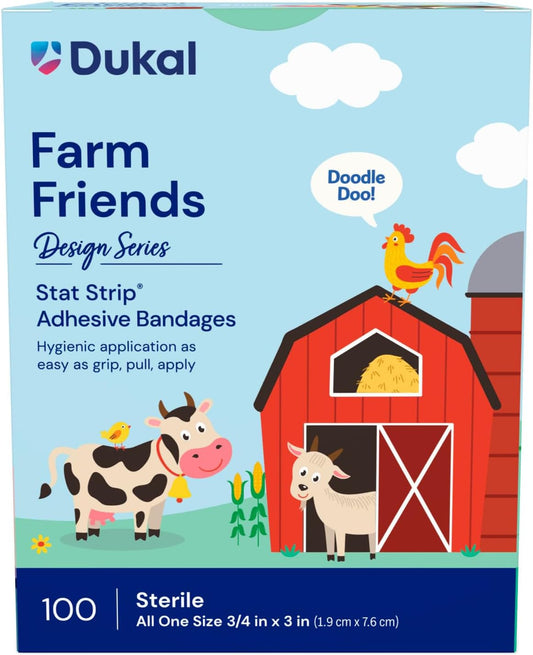 Dukal Design Series Farm Friends Adhesive Bandages With Stat Strip Technology, 3/4” X 3” (Box Of 100)