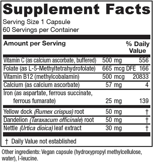 Vitanica Iron Extra, Iron Supplement Enhanced Absorption With Vitamin C 500Mg, Methylfolate 400Mcg, B12 Vitamin 500Mcg, Calcium, Yellow Dock, Dandelion Root & Nettle Leaf Extract, Vegan, 60 Capsules