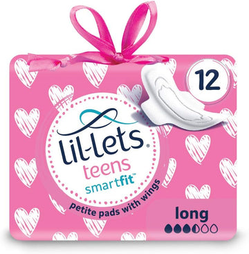 Lil-Lets Teens Long Pads X 12, Petite Towels for Girls & Teenagers, with Wings, for Medium Flow, Unscented, Soft & Breathable, First Period Sanitary Towels, 1 Pack of 12 Pads