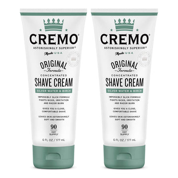 Cremo Barber Grade Silver Water & Birch Shave Cream, Astonishingly Superior Ultra-Slick Shaving Cream Fights Nicks, Cuts And Razor Burn, 6 Fl Oz (Pack of 2)