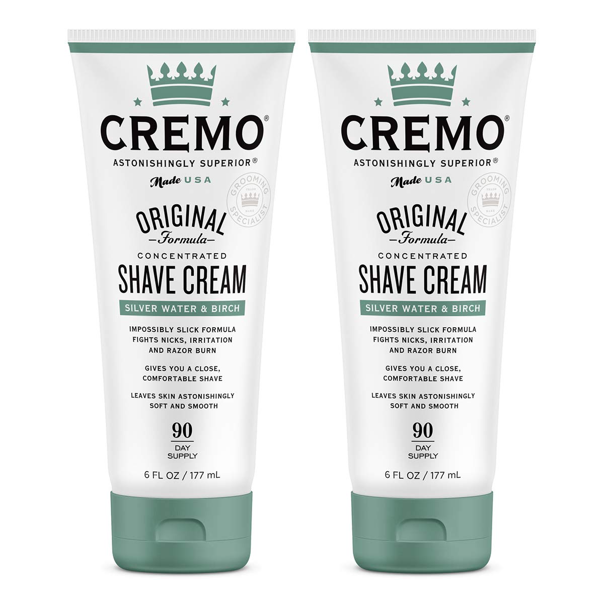 Cremo Barber Grade Silver Water & Birch Shave Cream, Astonishingly Superior Ultra-Slick Shaving Cream Fights Nicks, Cuts And Razor Burn, 6 Fl Oz (Pack Of 2)