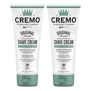 Cremo Barber Grade Silver Water & Birch Shave Cream, Astonishingly Superior Ultra-Slick Shaving Cream Fights Nicks, Cuts And Razor Burn, 6 Fl Oz (Pack Of 2)