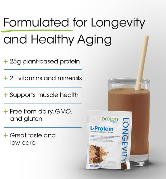 Prolon Longevity Plant Based Protein Powder | Muscle Synthesis & Repair, Healthy Aging, Boost Performance | Vitamins, Gluten Free, Amino Acids, Antioxidants | 25G Of Protein | Chocolate, 12 Packets