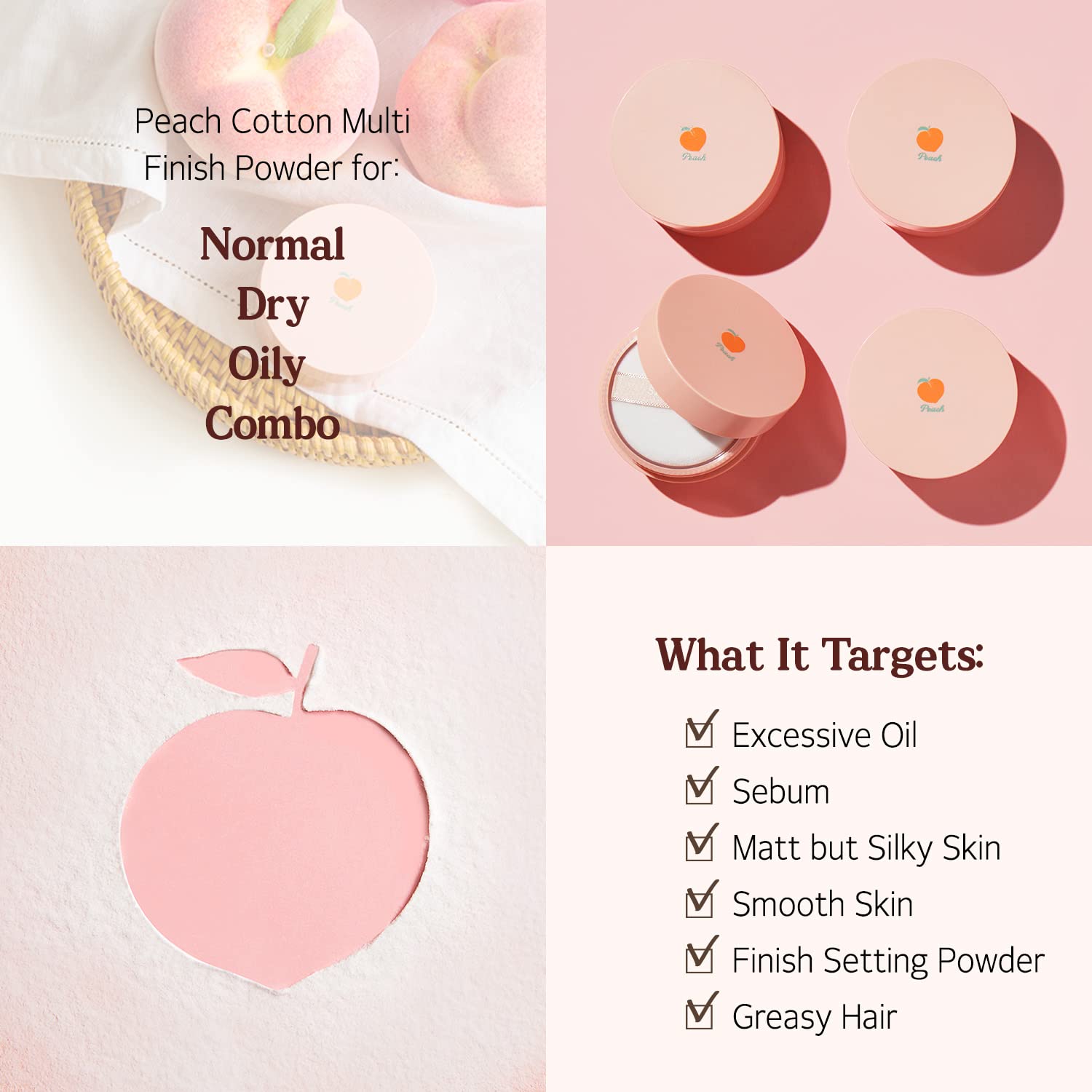 Skinfood Peach Cotton Multi Finish Powder 5G - Korean Peach Extract & Calamin Sebum Control Face Powder - Silky Setting Powder - Setting Powder For Oily Skin - Sweet Peach Scent For Soft Skin