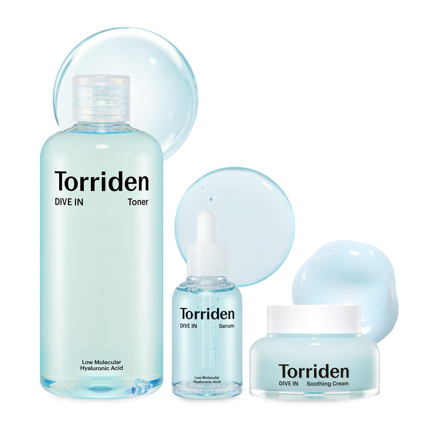 Torriden Dive-In Low-Molecular Hyaluronic Acid Serum, 1.69 Fl Oz + Toner 10.14 Fl Oz + Soothing Cream 3.38 Fl Oz | Vegan Clean Cruelty Free Facial Ampoule Moisturizer Alcohol-Free Fragrance-Free