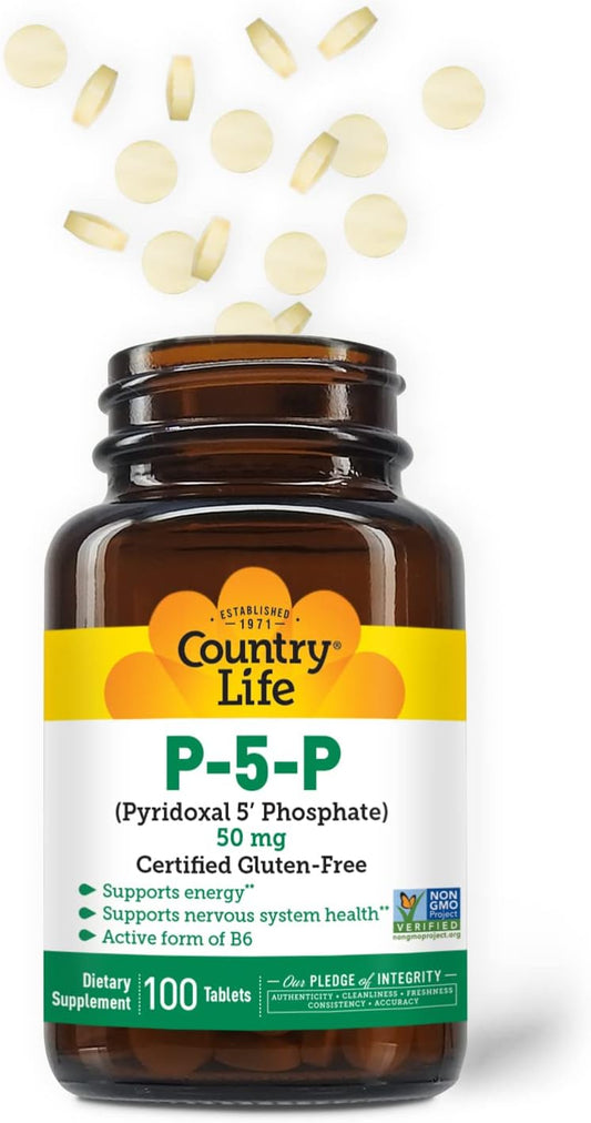 Country Life P-5-P Vitamin B6 – Bioavailable Pyridoxal-5-Phosphate Supplement For Energy, Nervous System Support, And Red Blood Cell Growth – Certified Gluten Free, Vegan, Non-Gmo – 100 Capsules