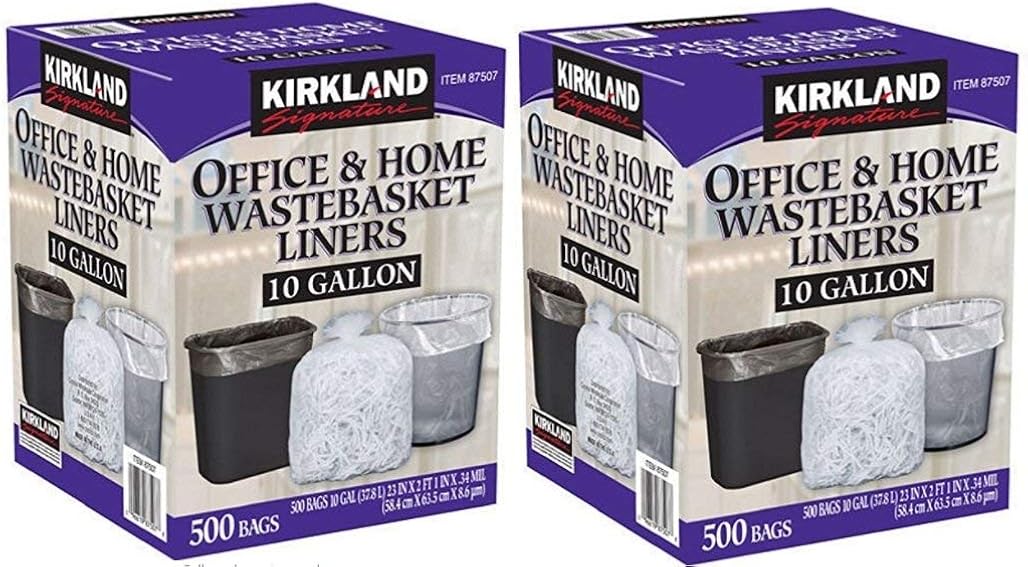 Kirkland Signature Made in USA 10 Gallon Clear Wastebasket Liner Bags for Trash Can 500 Count (2 Pack)