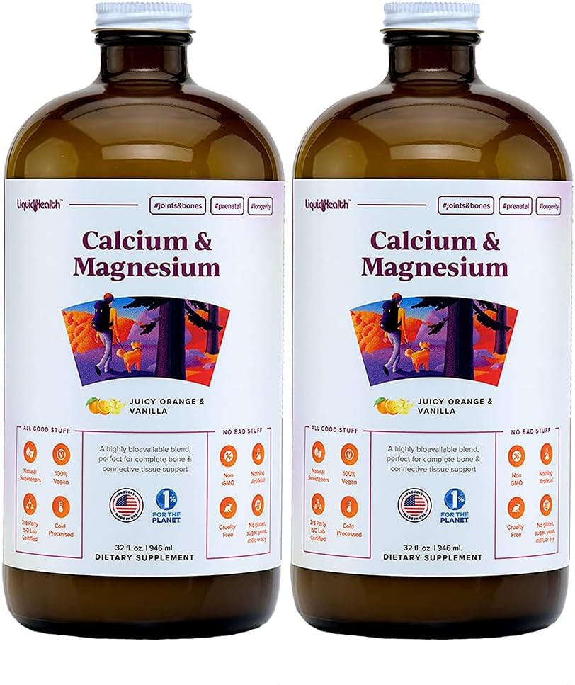 LIQUIDHEALTH 32 Fl Oz Calcium and Magnesium Liquid Supplement Joint and Bones Tissue Support, Citrate Vegetarian Natural Non GMO, Vitamin D3-2 Pack