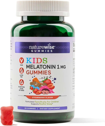 Naturewise Kids Melatonin Gummy 1 Mg - Occasional Sleep Support Supplement - Drug-Free Sleep Aid For Kids Ages 4 & Up - Strawberry Flavored - Vegan, Gluten Free, Non-Gmo - 60 Count[2-Month Supply]