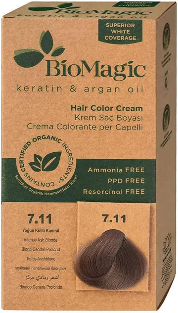 Biomagic Permanent Hair Color, Keratin & Argan Oil Line, Ammonia Free Hair Dye, Contains Certified Organic Ingredients, Hair Coloring For A Natural Look (7.11 Intense Ash Blonde)