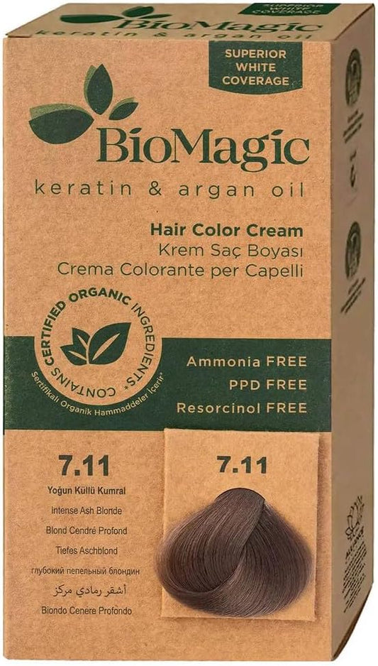 Biomagic Permanent Hair Color, Keratin & Argan Oil Line, Ammonia Free Hair Dye, Contains Certified Organic Ingredients, Hair Coloring For A Natural Look (7.11 Intense Ash Blonde)