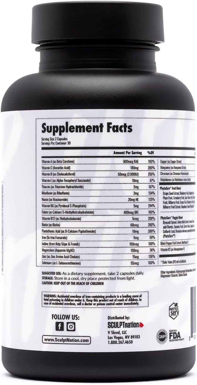 Sculpt Nation by V Shred Multivitamin - Daily Multivitamin for Women and Men with Zinc, Vitamin C, and Copper, Nutritional Support with One Serving of Fruit and Veggies - 60 Capsules : Health & Household