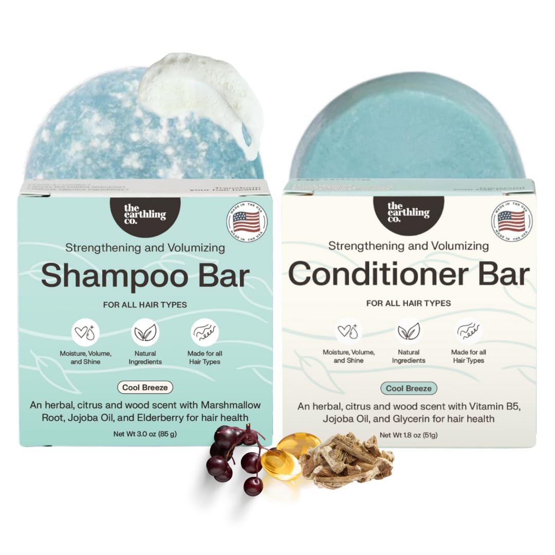 The Earthling Co. Shampoo & Conditioner Bar Set - Promote Growth, Strengthen & Volumize All Hair Types - Paraben & Sulfate Free Formula With Natural Ingredients For Dry Hair (Cool Breeze)