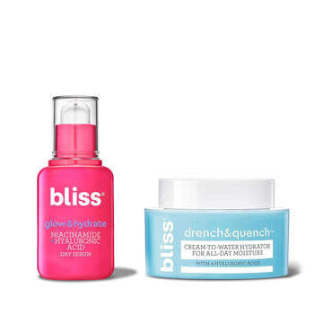 Bliss Hydration Sensations Bestsellers Kit: Glow & Hydrtae Serum- Niacinamide + Hylauronic Acid Serum & Drench & Quench Hyluronic Acid Moistuirzer For Face- Cream To Water- 1 Fl Oz