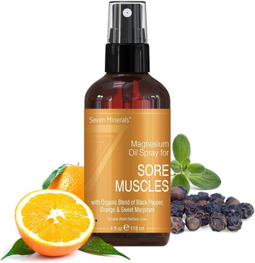 Sore Muscle Relief Magnesium Spray - Made In Usa - Powerful Blend Of Essential Oils (Black Pepper, Orange, Sweet Marjoram) - For Cramps, Stiffness & More (4 Fl Oz)