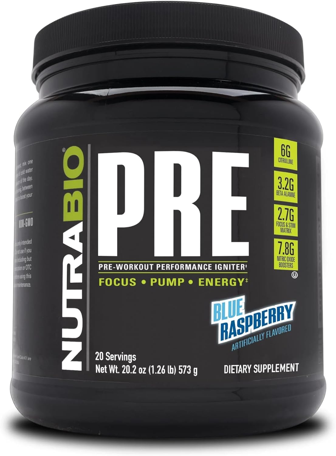 NutraBio PRE Workout Powder - Sustained Energy, Mental Focus, Endurance - Clinically Dosed Formula - Beta Alanine, Creatine, Caffeine, Electrolytes - 20 Servings - Blue Raspberry