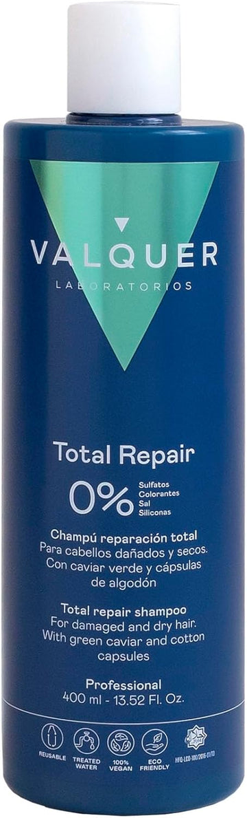 Valquer Total Repair Zero Shampoo. Repairs, Softens And Moisturizes Damaged And Dry Hair. Intense And Nutritious Hydration. With Green Caviar, Panthenol, Vitamin E And Cotton Capsules. Vegan. 400Ml