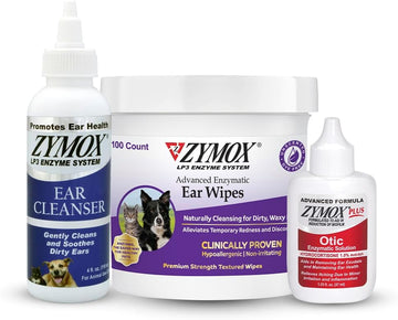 Zymox Enzymatic Ear Wipes, Ear Cleanser, & Otic Plus Ear Solution For Dogs And Cats - Product Bundle - For Dirty, Waxy, Smelly Ears And To Soothe Ear Infections