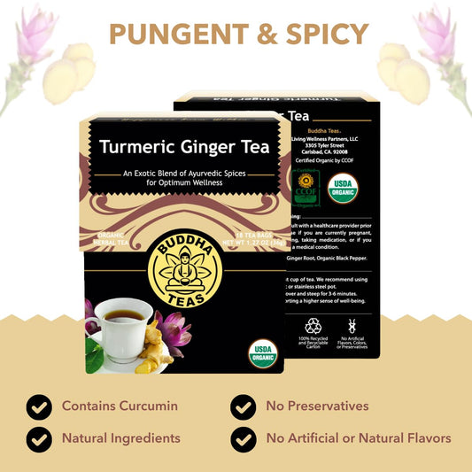 Buddha Teas Organic Turmeric Ginger Tea - Ou Kosher, Usda Organic, Ccof Organic, 18 Bleach-Free Tea Bags