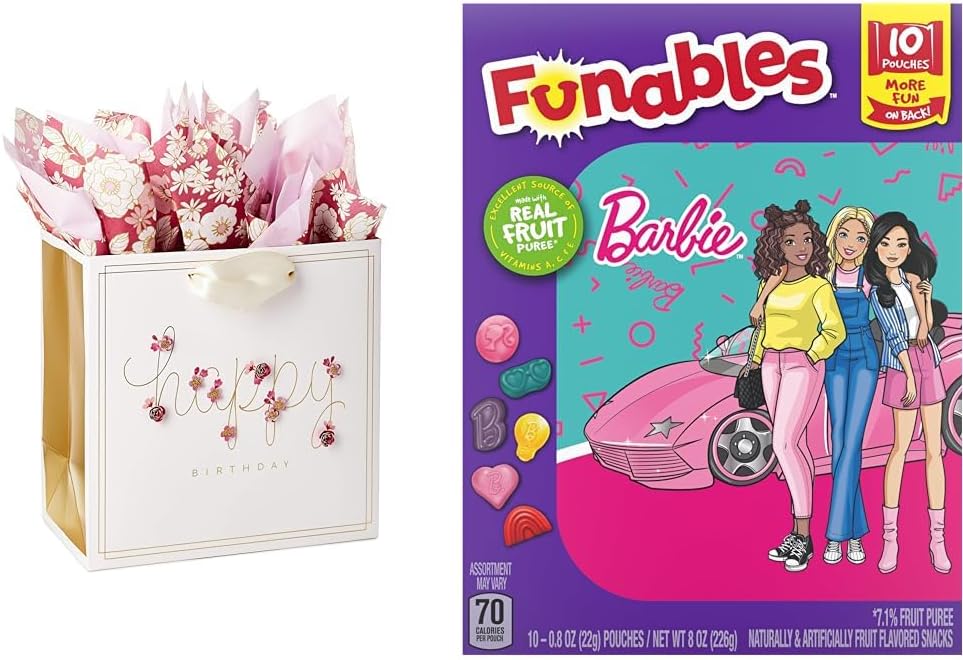 Hallmark 7" Medium Birthday Gift Bag with Tissue Paper & Funables Barble Kids Fruit Snacks Party Bundle : Health & Household