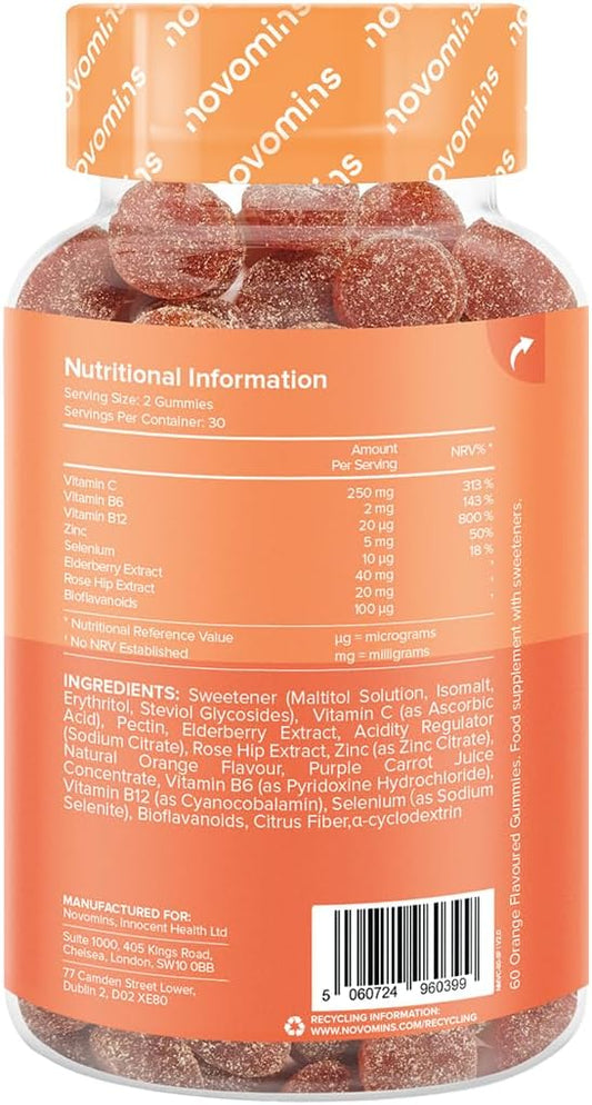 250Mg High Strength Vitamin C Gummies - 1 Month Supply - Zinc, Bioflavonoids, Rose Hip & Elderberry For Immune System Support - Alternative To Vitamin C Tablets - 60 Gummies - Novomins