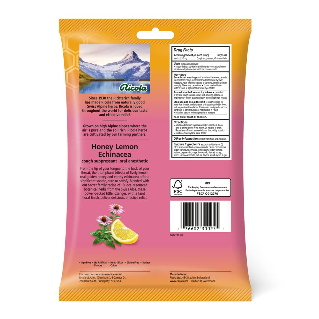 Ricola Honey Lemon with Echinacea Herbal Cough Suppressant Throat Drops, 45ct Bag